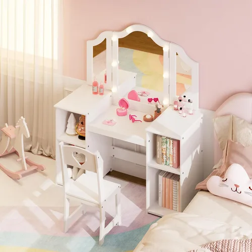 Miniatura 4 de GarveeHome Tocador para niños con luces, gabinete de almacenamiento y espejo plegable desmontable con luz táctil, juego de mesa y silla para niños