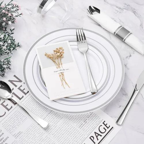 Miniatura 5 de BESTVIP Juego de vajilla de plástico plateado de 350 piezas, platos de fiesta desechables para 50 invitados, incluye: 100 platos de plástico, 50
