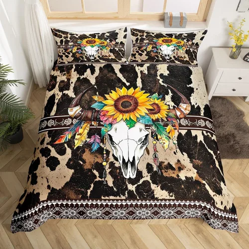 Miniatura 15 de Erosebridal Funda de edredón de piel de vaca marrón con estampado de vaca de las tierras altas, juego de ropa de cama occidental exótico azteca