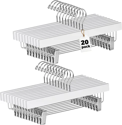 Quality Hangers Perchas de madera para pantalones, paquete de 20 ganchos giratorios para ropa, falda de madera de loto, pantalones, pantalones Blanco