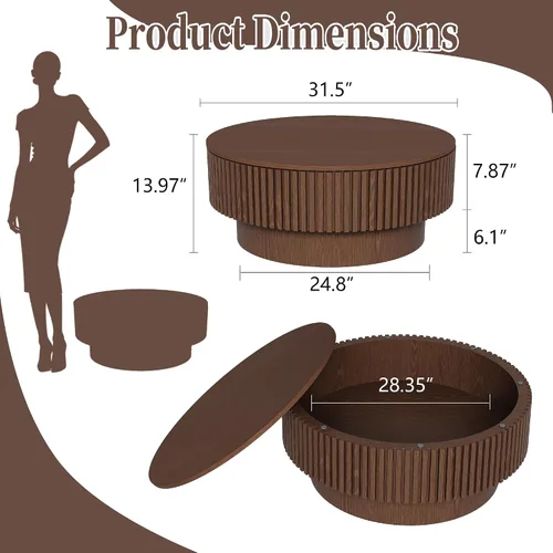 Miniatura 3 de Mesa de centro redonda con almacenamiento, mesas de centro de madera acanalada modernas con base resistente, mesa de té central circular de tambor