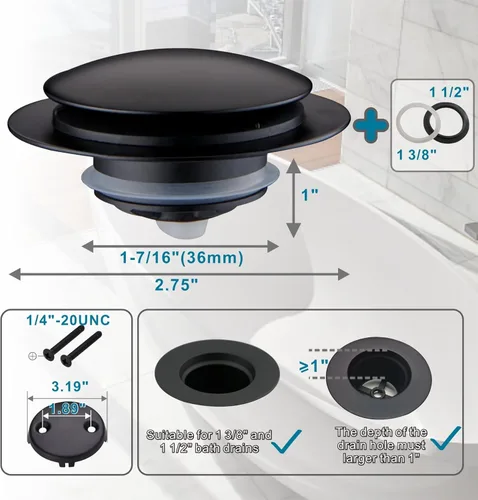 Miniatura 7 de Tapón de Drenaje de Bañera Negro, Welsan Tapón Universal Pop Up de Bañera de Repuesto Tip Toe, Levantar y Girar con Cubierta de Placa Frontal