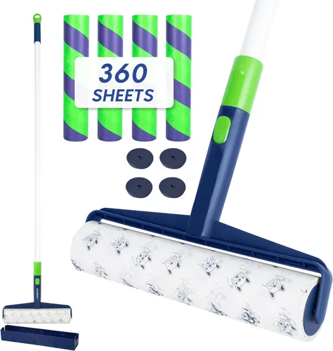 BOOMJOY Rodillos grandes de pelusa para piso, rodillo de pelusa extra ancho de 9.8 pulgadas con 360 hojas en total, removedor de pelo de mascotas