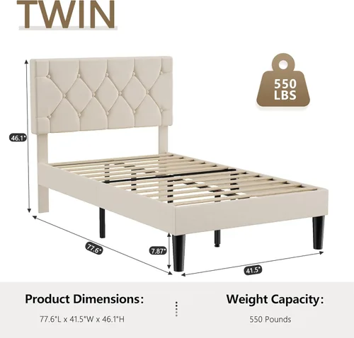 Miniatura 2 de VECELO Base de cama tamaño individual con cabecera capitoné con botones, base de cama tapizada con soporte de listones de madera, no necesita Beige