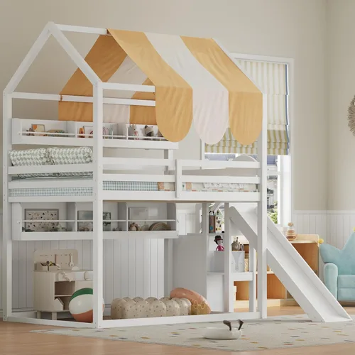 Miniatura 18 de Litera de casa individual sobre cama individual con tobogán convertible y nido, litera de madera maciza con techo y ventana para niños, verde-blanco