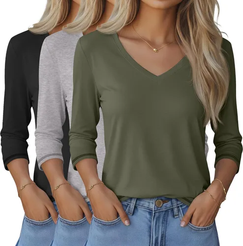 Miniatura 21 de Ficerd Paquete de 3 camisetas de manga 3/4 para mujer, cuello en V, blusas holgadas, blusas casuales, ropa de moda 2026