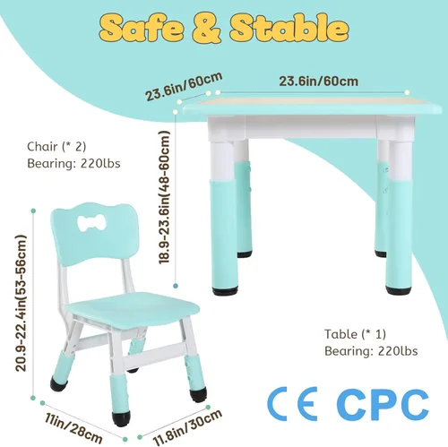 Miniatura 6 de FUNLIO - Juego de mesa y 2 sillas para niños, mesa y silla ajustables en altura para niños pequeños de 3 a 8 años, mesa fácil de limpiar para Verde