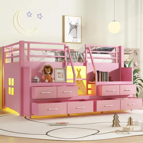 Miniatura 12 de Bellemave Twin Size Low Loft Bed with 8 Fabric Storage Drawers,Metal Loft Bed Frame with Shelves and LED Lights for Boys Girls,Kids Loft Bed Twin