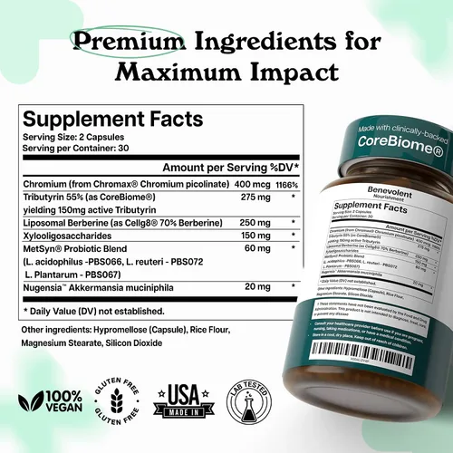 Miniatura 6 de Benevolent Glp-1 Support Simbiótico 5 en 1 con Akkermansia, MetSyn®, Chromax® y berberina liposomal Suplemento natural de probióticos GLP 1