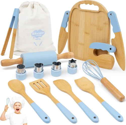 Juego de cocina Montessori de madera para niños, herramientas de cocina reales y utensilios para hornear, kit de cocina de 15 piezas para niños con
