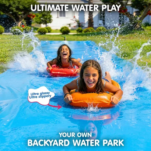 Miniatura 2 de JAMBO MEGA - Tobogán acuático de 30 pies x 82 pulgadas y 2 bodyboard modelo actualizado, extra largo extra ancho para niños, tobogán acuático
