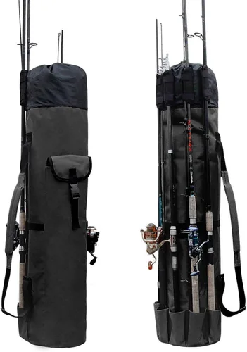Allnice Bolsa organizadora de lona duradera para caña de pescar y carrete, bolsa de transporte de viaje, con capacidad para 5 postes y aparejos
