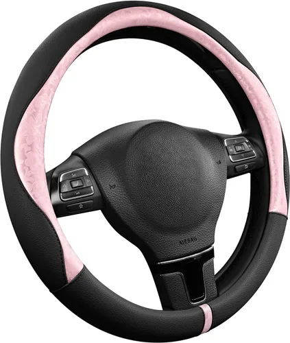 Miniatura 20 de PIC AUTO Funda para volante, diseño de retazos de cuero estampado negro, ajuste universal de 14.5 a 15.5 pulgadas, antideslizante, sin olor, piel