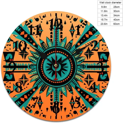 Miniatura 2 de Reloj de madera con motivo de arte tribal naranja brillante, turquesa, azul y azul, patrón tribal del suroeste, cuarzo decorativo de madera, sin