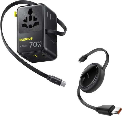 Baseus Adaptador de viaje universal de 70 W y cable USB C retráctil Baseus de 100 W