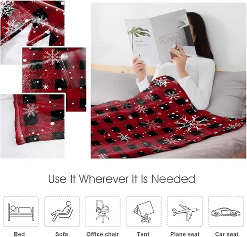 Miniatura 7 de Manta de Navidad para sofá, manta de lana cuadriculada roja, suave, acogedora y cálida, manta de franela con copos de nieve para cama, sofá, silla