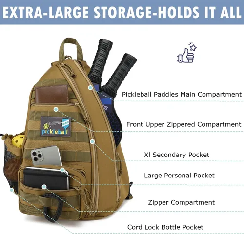 Miniatura 4 de Bandolera de pickleball SunForMorning, mochila táctica de pickleball para mujeres y hombres, bolsa de hombro ajustable con gancho para cerca y Marrón
