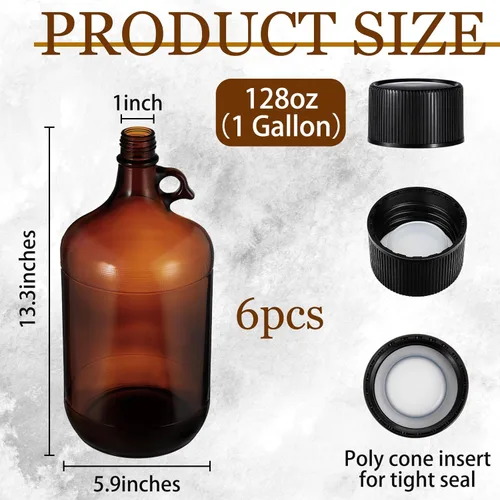 Miniatura 2 de Maxdot Paquete de 6 jarras de fermentación de vidrio de 1 galón con tapa hermética, 128 onzas de vidrio ámbar con asa para kombucha, elaboración