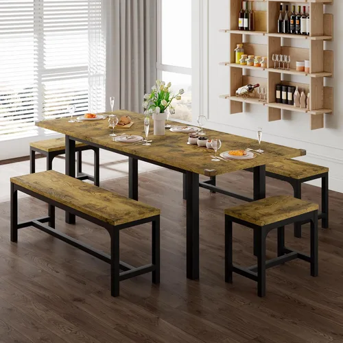 Miniatura 12 de Feonase Juego de mesa de comedor de 5 piezas para 4-8 personas, juego de mesa de cocina grande extensible de 63 pulgadas con 2 bancos y 2 taburetes