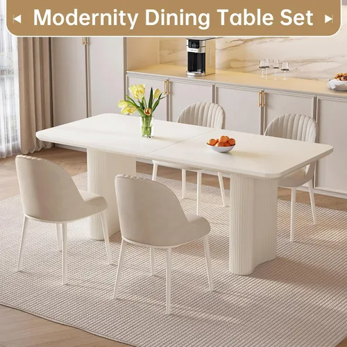 Miniatura 3 de Mesa de Comedor Rectangular de 63" con 6 Sillas, Mesa de Cocina Moderna Blanca con Juego de Sillas para Sala de Estar, Comedor y Cocina Blanco-A