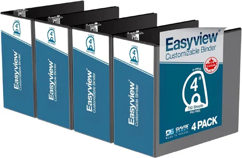 Easyview - Carpetas prémium de 3 anillas con cubiertas transparentes y anillos en D, carpetas para escuela u oficina, 4 pulgadas, paquete de 4, Negro