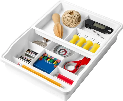 madesmart Organizador de cajones de basura de 13 compartimentos con bandeja superior deslizante, almacenamiento multiusos para cajones de cocina,