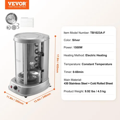 Miniatura 7 de VEVOR Shawarma - Máquina de parrilla de pollo, máquina de cocina vertical Shawarma de pollo, máquina eléctrica de acero inoxidable para asador