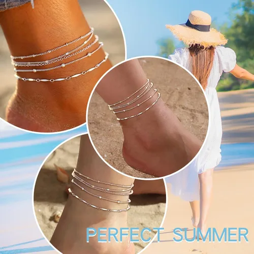 Miniatura 2 de Dcfywl731 Tobillera de cinco capas para mujer, cadena de cuentas de plata y oro, tobillera para adolescentes y niñas, pulseras de tobillo de varias