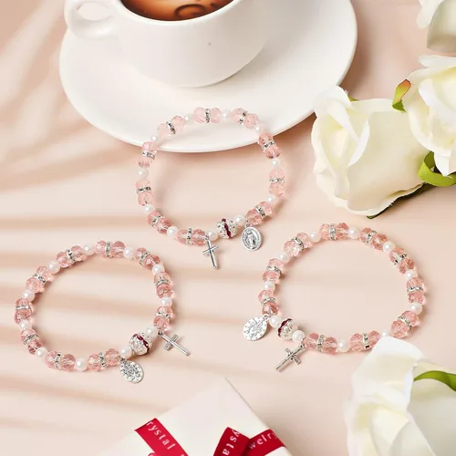 Miniatura 3 de Junkin Beaded Stretch Rosary Bracelet with Mesh Bags Catholic Bracelets for Women Girls Religious Rosary Bead Bracelet Pink Bracelet Crucifix Medal