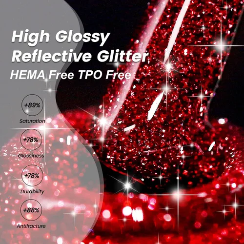 Miniatura 7 de YTD Likomey Esmalte de uñas de gel con purpurina reflectante, 15ml, esmalte de uñas de diamante brillante color rojo, uñas brillantes y brillantes