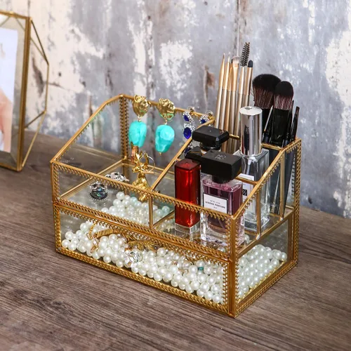 Miniatura 5 de Caja de cristal dorada, bandeja de vidrio, organizador de exhibición de maquillaje en la cómoda, almacenamiento cosmético multifuncional