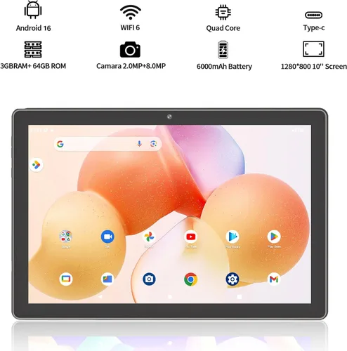 Miniatura 2 de PRITOM 2026 Tablet Android 16 de 10 pulgadas, 64 GB, 1 TB expandible, pantalla IPS HD de 1280 x 800, procesador de cuatro núcleos, 6000 mAh