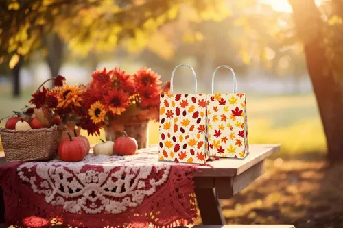 Miniatura 6 de 12 bolsas de regalo de otoño para fiesta de Acción de Gracias, hojas de arce naranja de otoño, bolsas de comestibles, bolsas de papel de Acción
