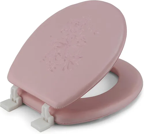 Miniatura 9 de J&V Textiles Asiento de inodoro redondo suave bordado con bisagra fácil de limpiar y cambiar, acolchado (beige)