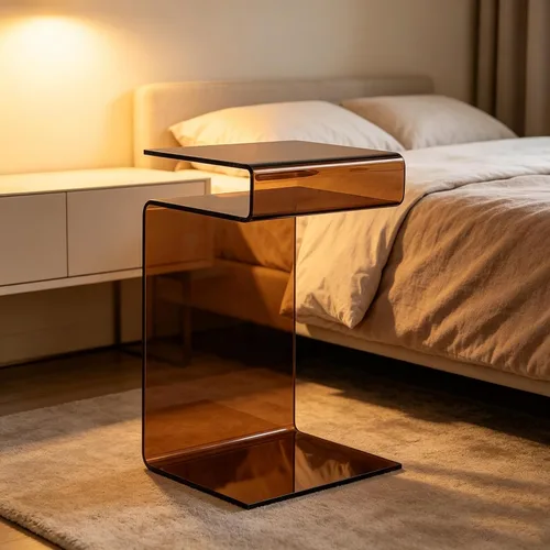 Miniatura 5 de Mesita de noche de cristal, mesa auxiliar, mesa auxiliar en forma de S para sala de estar, mesita de noche para dormitorio (marrón)
