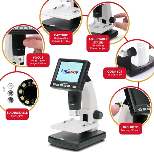Miniatura 2 de AmScope - DM130-16GB-18FOS-FSL-TW IQCREW de AmScope Microscopio digital a color LCD portátil prémium para niños con kit de actividades