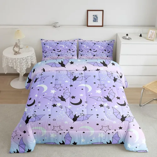 Miniatura 30 de Erosebridal Juego de ropa de cama de murciélago de Halloween, tamaño individual, juego de edredón de estrellas con purpurina y galaxia para niños