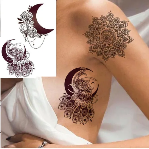 Miniatura 6 de Tatuajes de henna -20 hojas de tatuajes temporales de flores Diseño de encaje de flor de henna pegatinas de tatuaje impermeables para mujeres, Negro