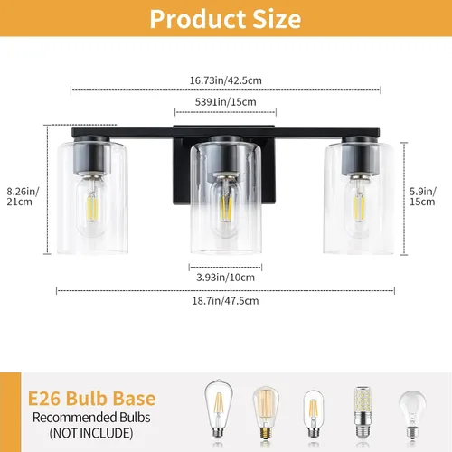 Miniatura 2 de WILON Lámpara de tocador de baño, 3 luces de tocador modernas de color negro claro con apliques de pared de vidrio transparente con vidrio