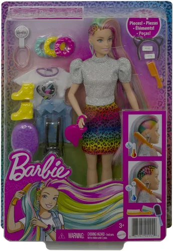 Miniatura 7 de Barbie Muñeca de pelo arcoíris de leopardo con reflejos que cambian de color y 16 accesorios de estilo, incluyendo ropa, coleteros, cepillo y más