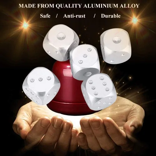 Miniatura 5 de Juego de dados de aleación de aluminio, 5 piezas con caja de almacenamiento, dados metálicos dorados o plateados de 1.6 pulgadas para juegos de mesa