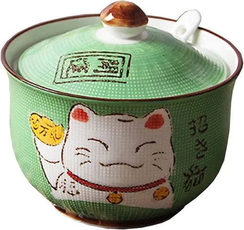 Miniatura 13 de Cerámica japonesa Maneki Neko Lucky Cat Azúcar Sal Pimienta Tarro de almacenamiento con tapa y cuchara Púrpura