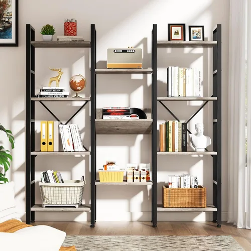 Miniatura 4 de Estantería triple ancha de 4 niveles, 11 estantes abiertos, de pie, estantes ajustables para el hogar, sala de estar, dormitorio, gris