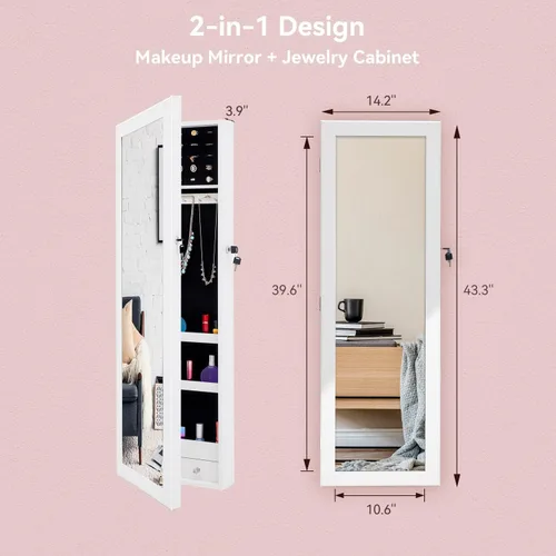 Miniatura 2 de VUMALL Armario de joyería con espejo 2 en 1 con cerradura con espejo de cuerpo completo, 2 cajones, almacenamiento de maquillaje montado en la pared