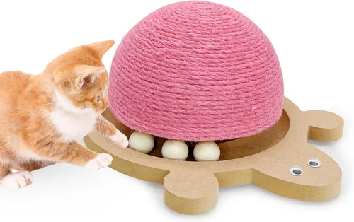 Miniatura 8 de Fhiny Pelota rascador para gatos, juguete rascador de sisal natural con pista de rodillos y base de madera con forma de tortuga para gatos de Verde