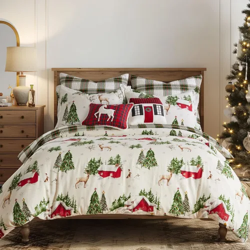 Levtex Home - Juego de edredón Tatum Pines - Edredón tamaño King + dos fundas de almohada tamaño King - Cabaña navideña - Rojo, verde, marrón,