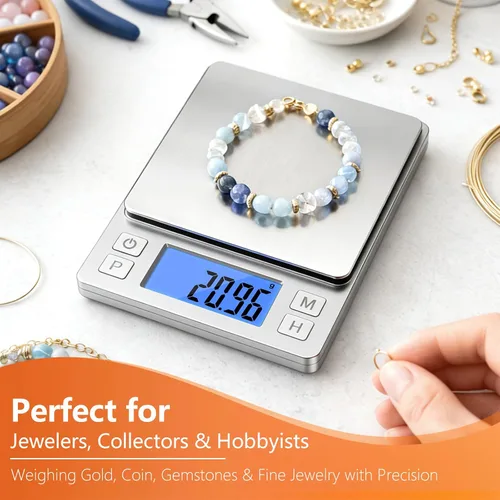 Miniatura 9 de BOMATA Báscula de joyería de alta precisión de 0.00 oz, báscula digital de 35.27 oz con función de sujeción, tara y conteo, diseño pequeño y Plateado