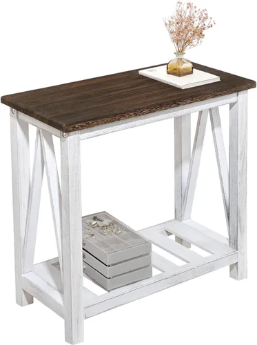 Mesa auxiliar de granja, mesa auxiliar estrecha para sala de estar, mesas auxiliares delgadas con estante de almacenamiento, mesita de noche de 2