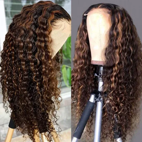 Miniatura 2 de Peluca de cabello humano 1B/30 negro marrón 13x6 HD con encaje frontal HD predepilada con abuelitos, ondulado profundo, rubio miel, pelucas