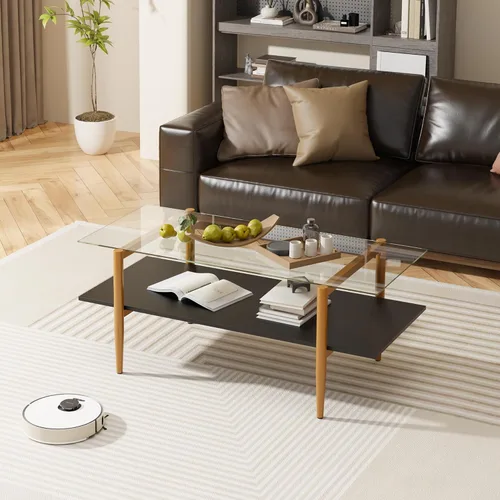Miniatura 8 de Furnify Mesa de centro de cristal, mesa central rectangular para sala de estar con patas doradas, mesas decorativas modernas de mediados de siglo